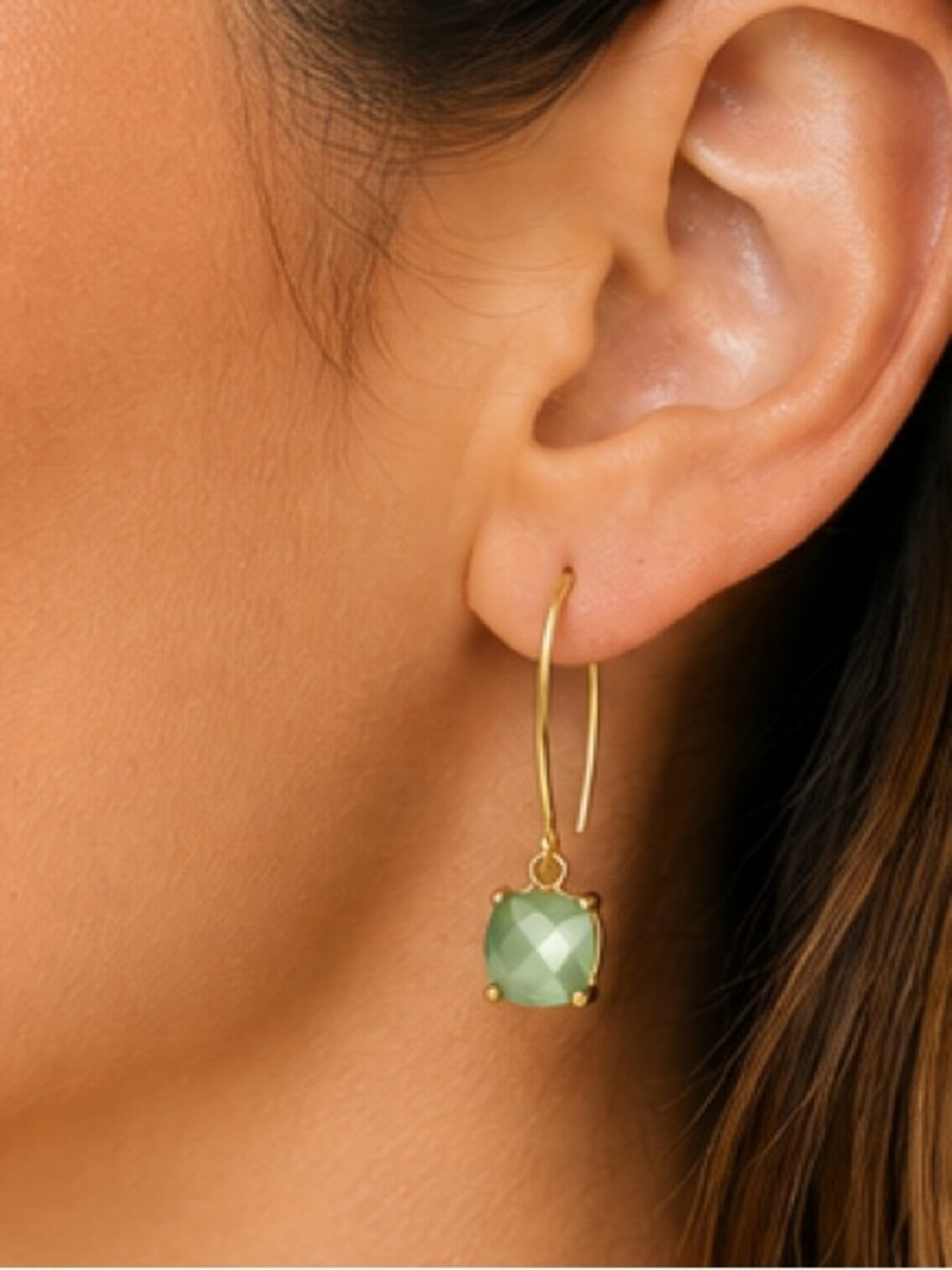 NEW - The Sak Bohemian Green Faceted Cushion Cut Crystal Drop Earrings 2”
